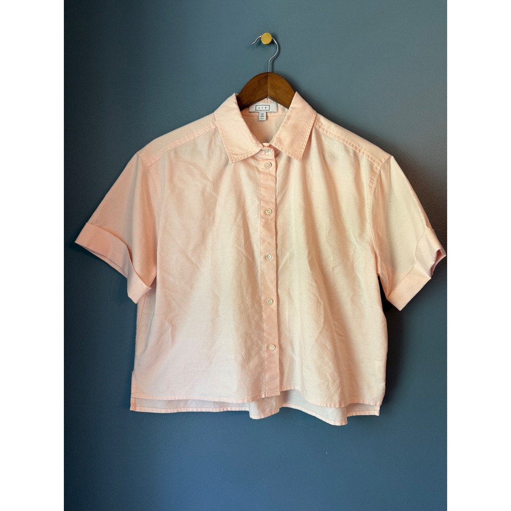 AYR Womens Peach Pink 100% Cotton Short Sleeve Button Down Boxy Shirt Size M